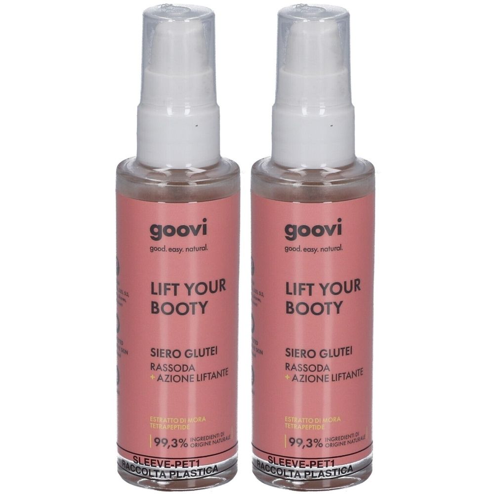 Zwei Flaschen Goovi Lift Your Booty Serum. Rosa Etikett mit Text: Lift Your Booty, Siero Glutei, 99,3%.