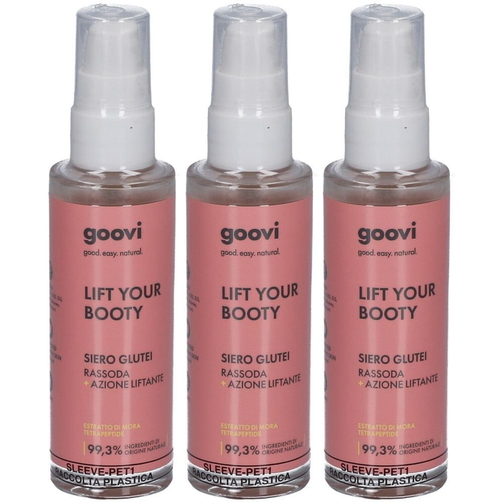 Drei Flaschen mit Sprühkopf. Aufschrift: Goovi, Lift Your Booty, Siero Glutei, Rassoda, Azione Liftante. Rosa Etikett.
