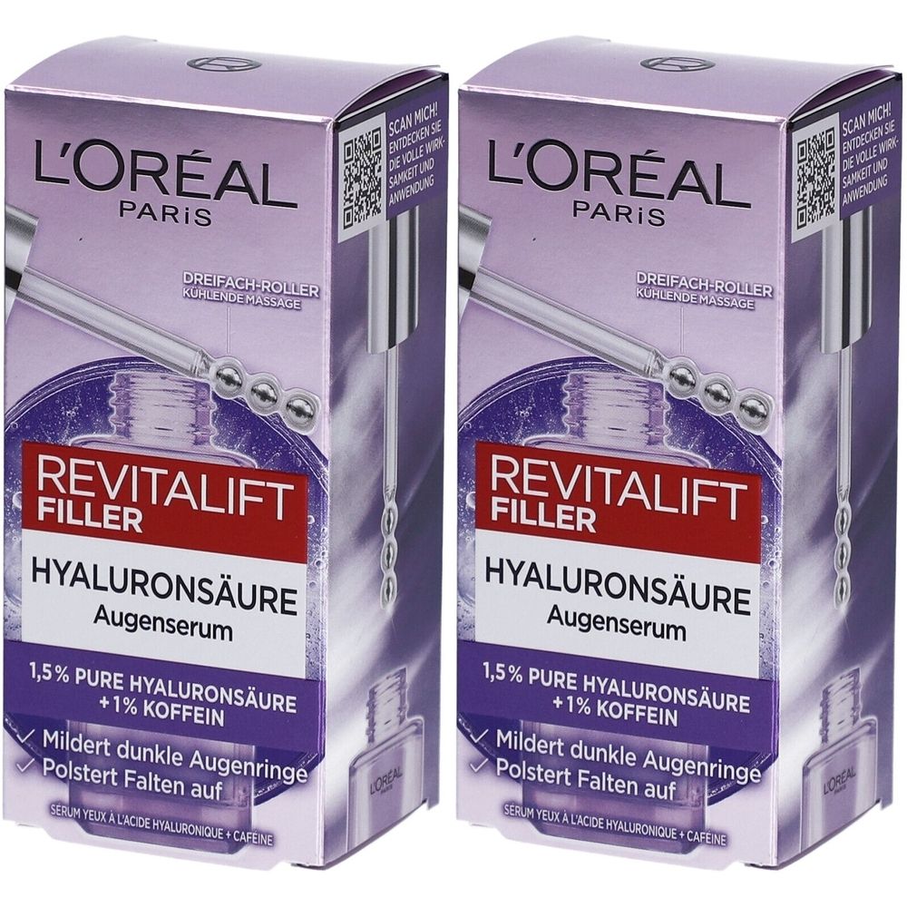 Deux boîtes de sérum pour les yeux L'Oréal Revitalift Filler. Emballage violet avec informations et code QR. Contient de l'acide hyaluronique et de la caféine.