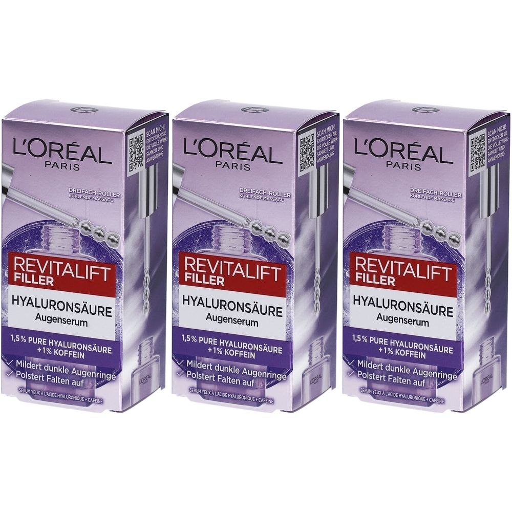 Trois boîtes de sérum pour les yeux L'Oréal Revitalift Filler. Boîtes violettes et blanches avec nom et ingrédients. Code QR en haut.