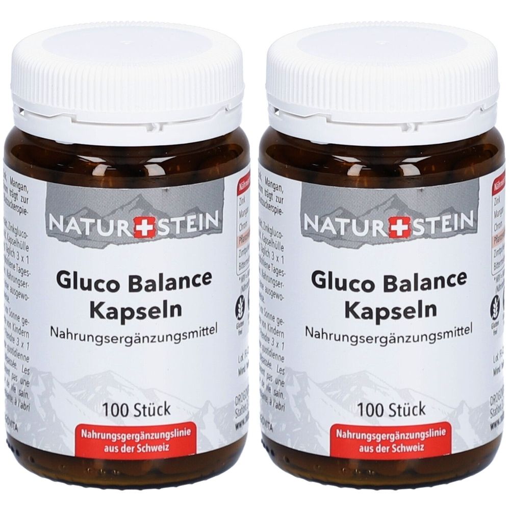 Zwei braune Glasflaschen mit weißen Deckeln. Auf den Etiketten steht "NATUR+STEIN Gluco Balance Kapseln". 100 Stück. Nahrungsergänzungsmittel.