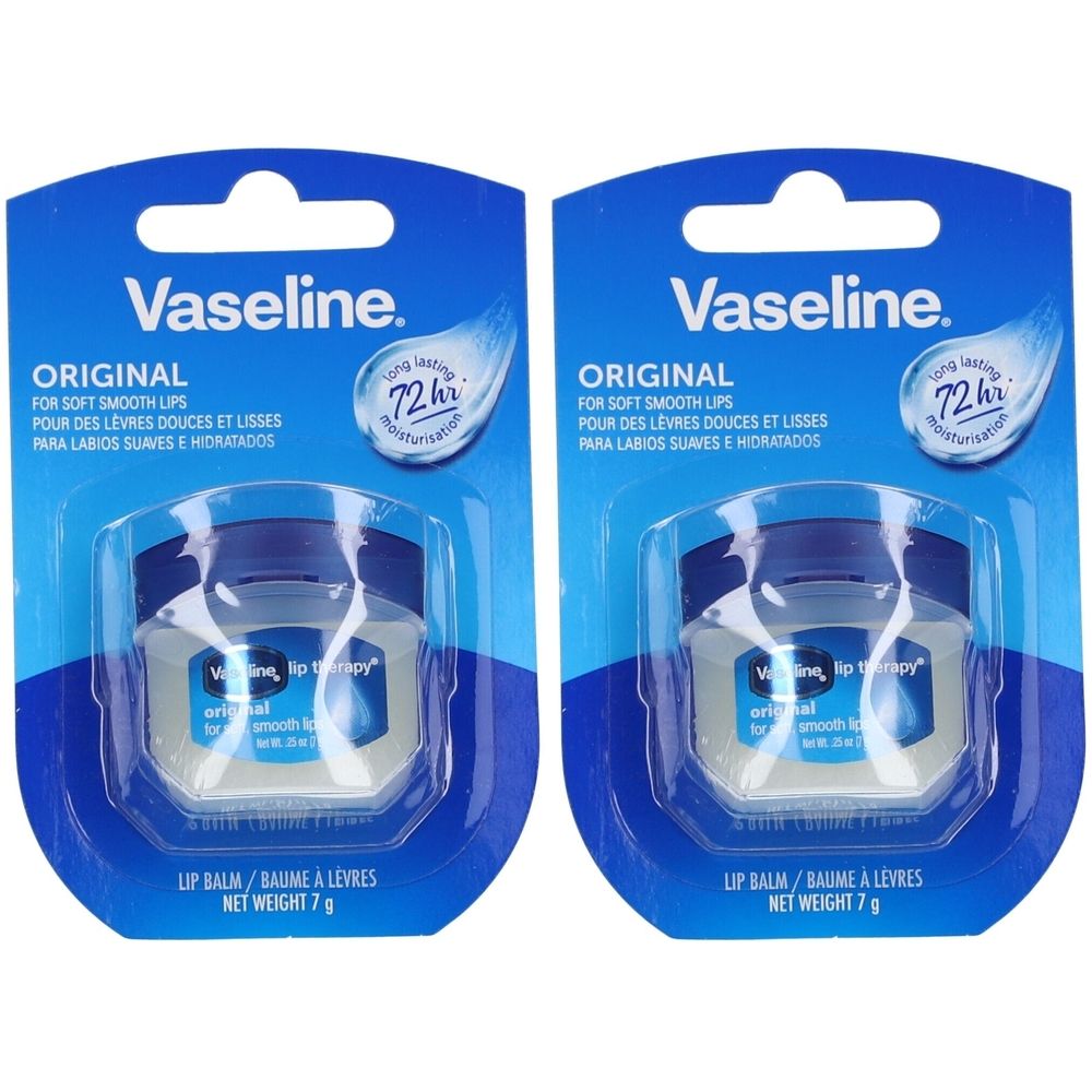 Deux baumes à lèvres Vaseline Original en emballage blister. Emballage bleu avec nom du produit et hydratation 72h.