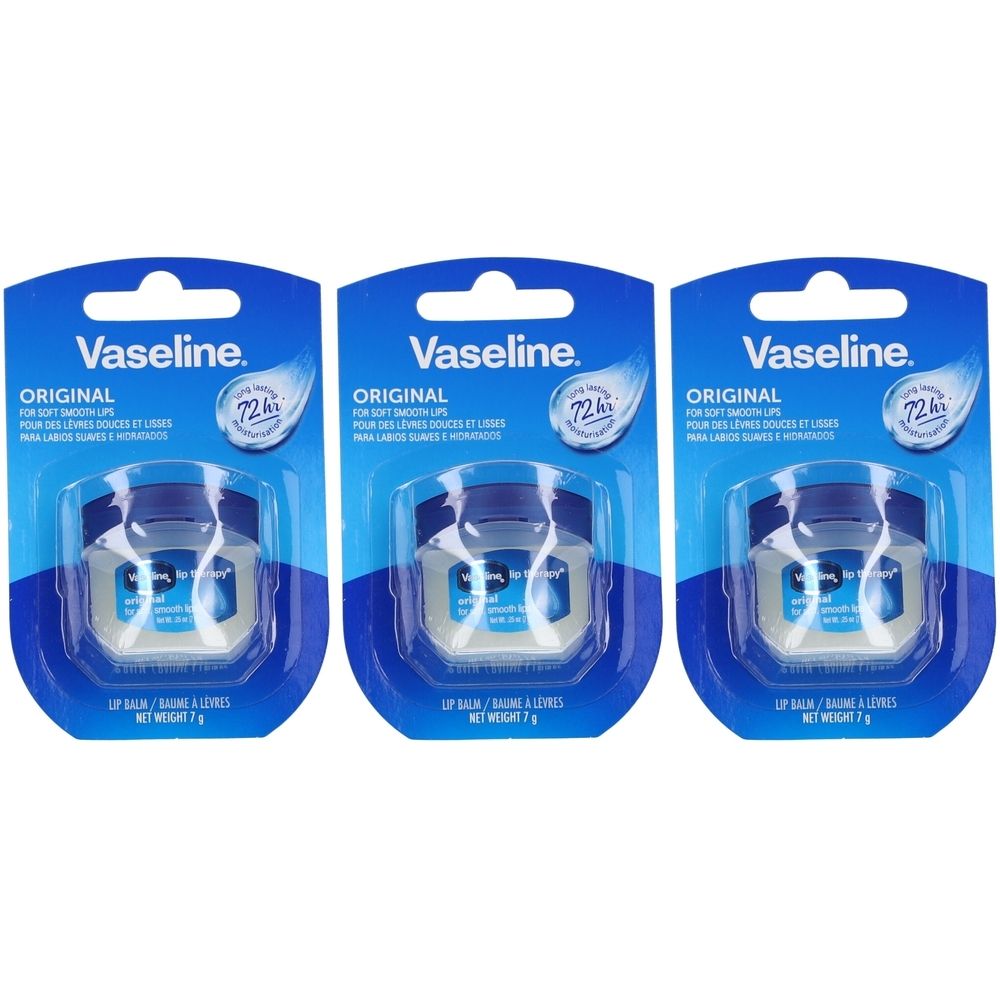 Trois baumes à lèvres Vaseline Original en emballage blister. Emballage bleu avec nom du produit et logo 72h. Pots avec couvercle bleu.