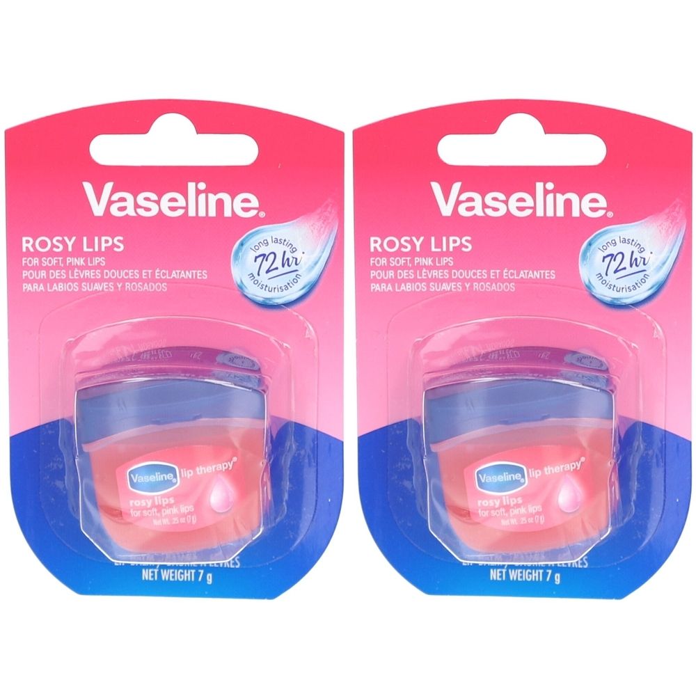 Deux emballages de baume à lèvres Vaseline Rosy Lips. Pots roses et bleus dans un emballage rose. Texte : Rosy Lips, 72h d'hydratation, poids net 7g.
