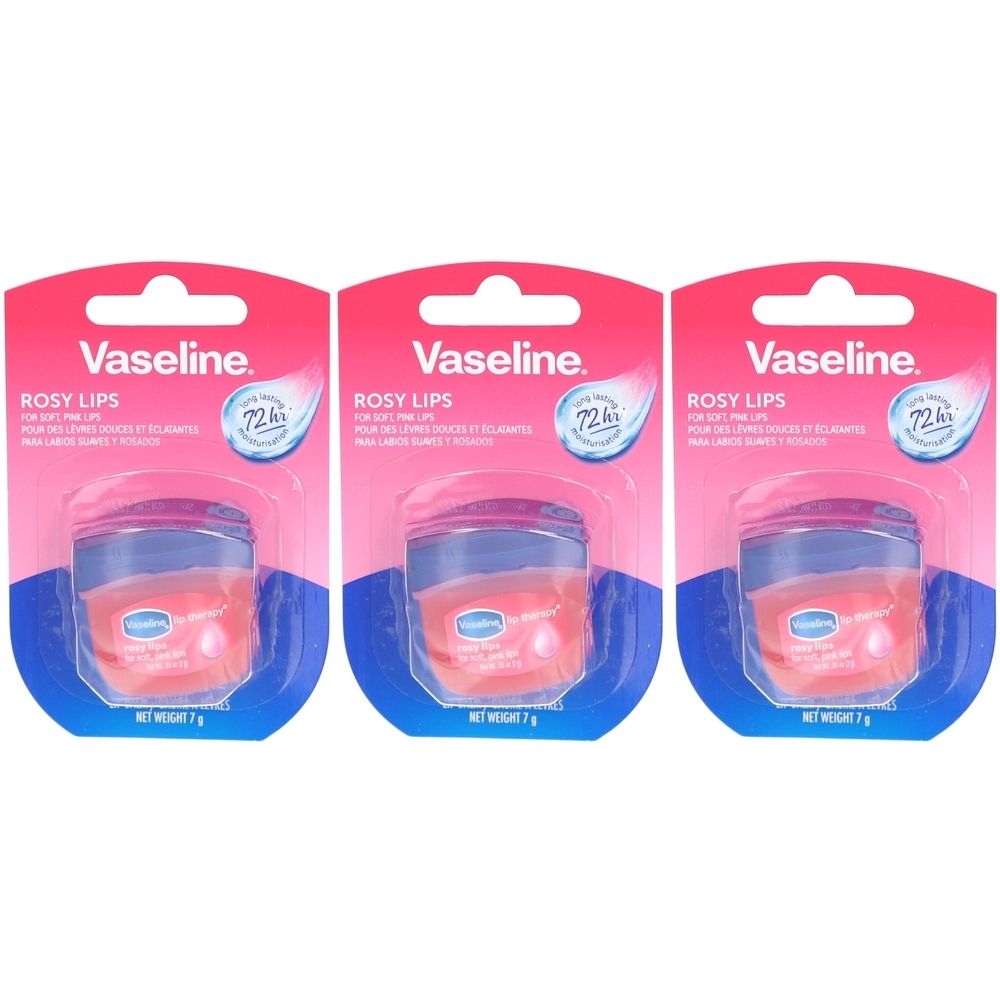 Trois emballages de baume à lèvres Vaseline Rosy Lips. Chaque emballage contient un petit pot de baume rose. Inscription : Vaseline, Rosy Lips.