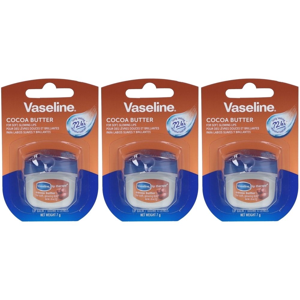 Drei Vaseline Lippenbalsam Kakaobutter Produkte in Verpackung. Blaue Deckel, orangefarbene Karten. Text: Vaseline, Cocoa Butter, 72h.