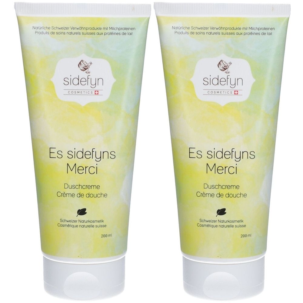 Zwei Tuben Duschcreme. Aufschrift: Es sidefyns Merci, Duschcreme, Crème de douche. Marke: sidefyn.