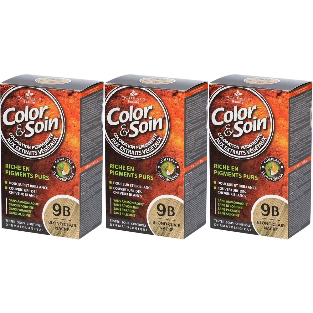 Drei Packungen Color & Soin 9B Hellblond Perlmutt. Aufdrucke: Color & Soin, permanente Coloration, reiche Pigmente, 9B Blond Clair.