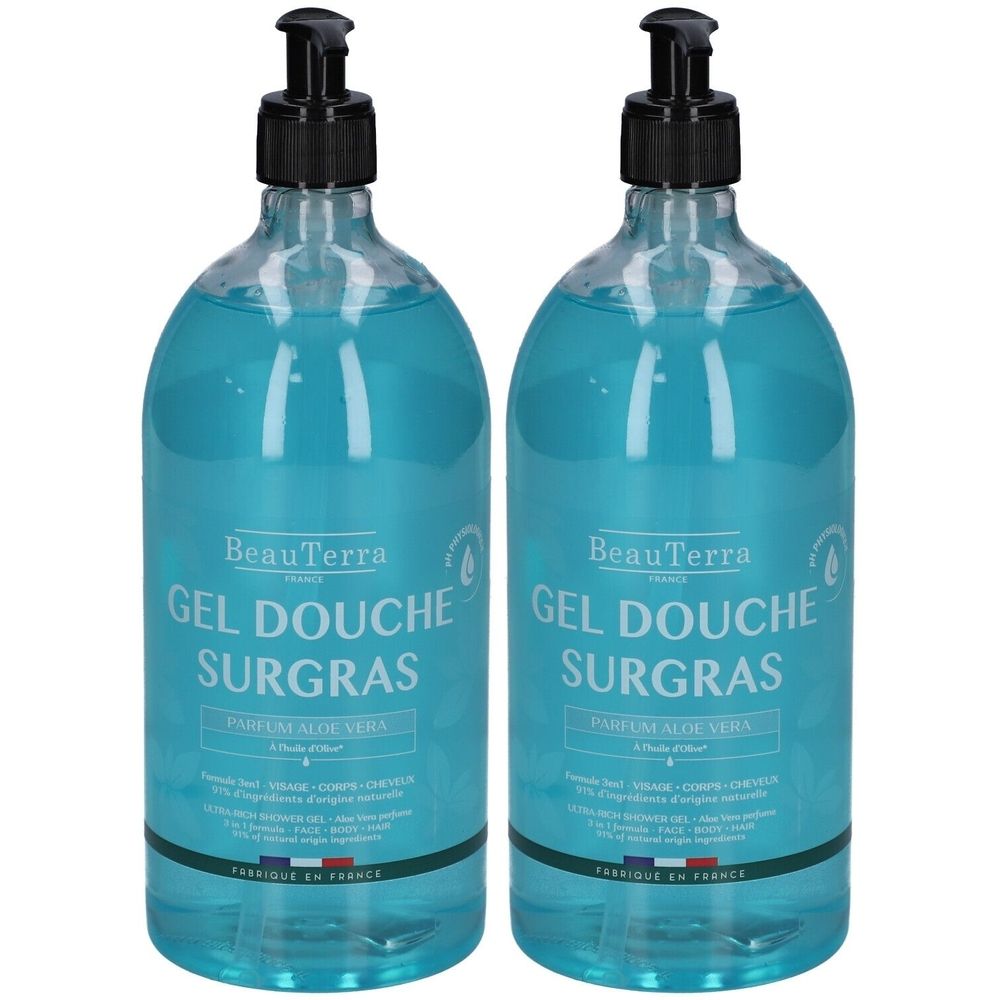 Zwei Flaschen Duschgel mit schwarzem Pumpverschluss. Aufschrift: BeauTerra, Gel Douche Surgras, Parfum Aloe Vera.