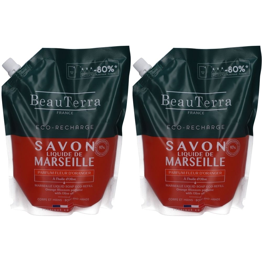 Deux recharges de Savon Liquide de Marseille. Haut vert foncé, milieu rouge, bas blanc. Texte: BeauTerra, Savon Liquide de Marseille, Parfum Fleur d'Oranger.