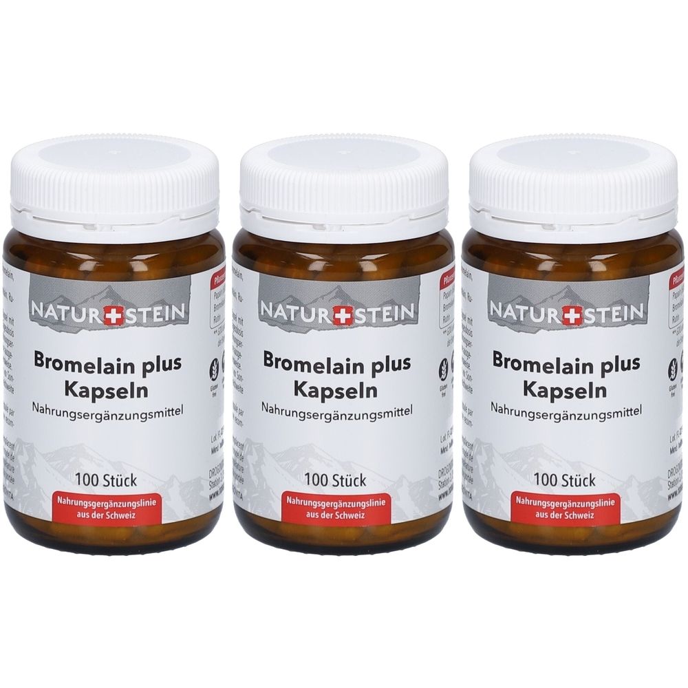 Trois flacons bruns avec des couvercles blancs. Les étiquettes indiquent "NATUR+STEIN Bromelain plus Kapseln". Chaque flacon contient 100 pièces.