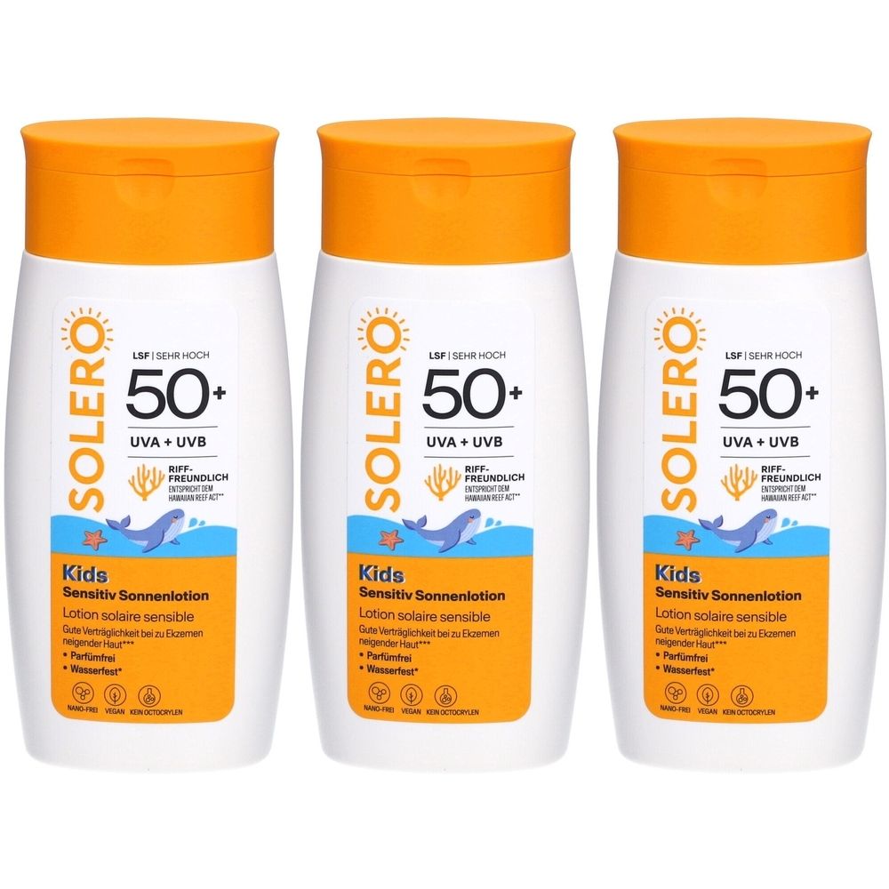 Drei Flaschen SOLERO Sonnenschutz-Lotion Kinder SPF50+. Weiße Flaschen mit orangefarbenem Deckel. Aufschrift: 50+, UVA+UVB, Kids.