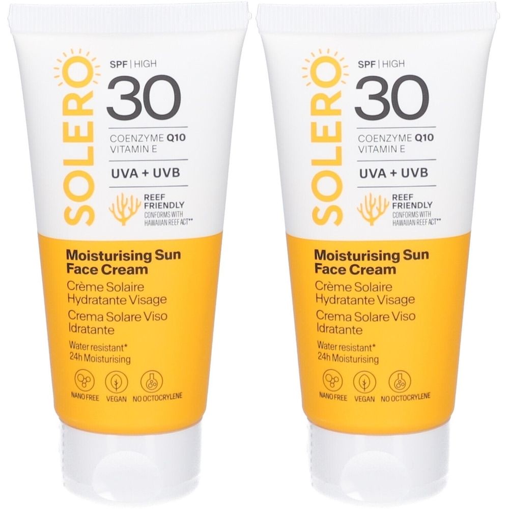 Zwei Tuben SOLERO Sonnencreme SPF30. Weiße Tuben mit gelbem Abschnitt, Text: Moisturising Sun Face Cream, UVA+UVB, Reef Friendly.