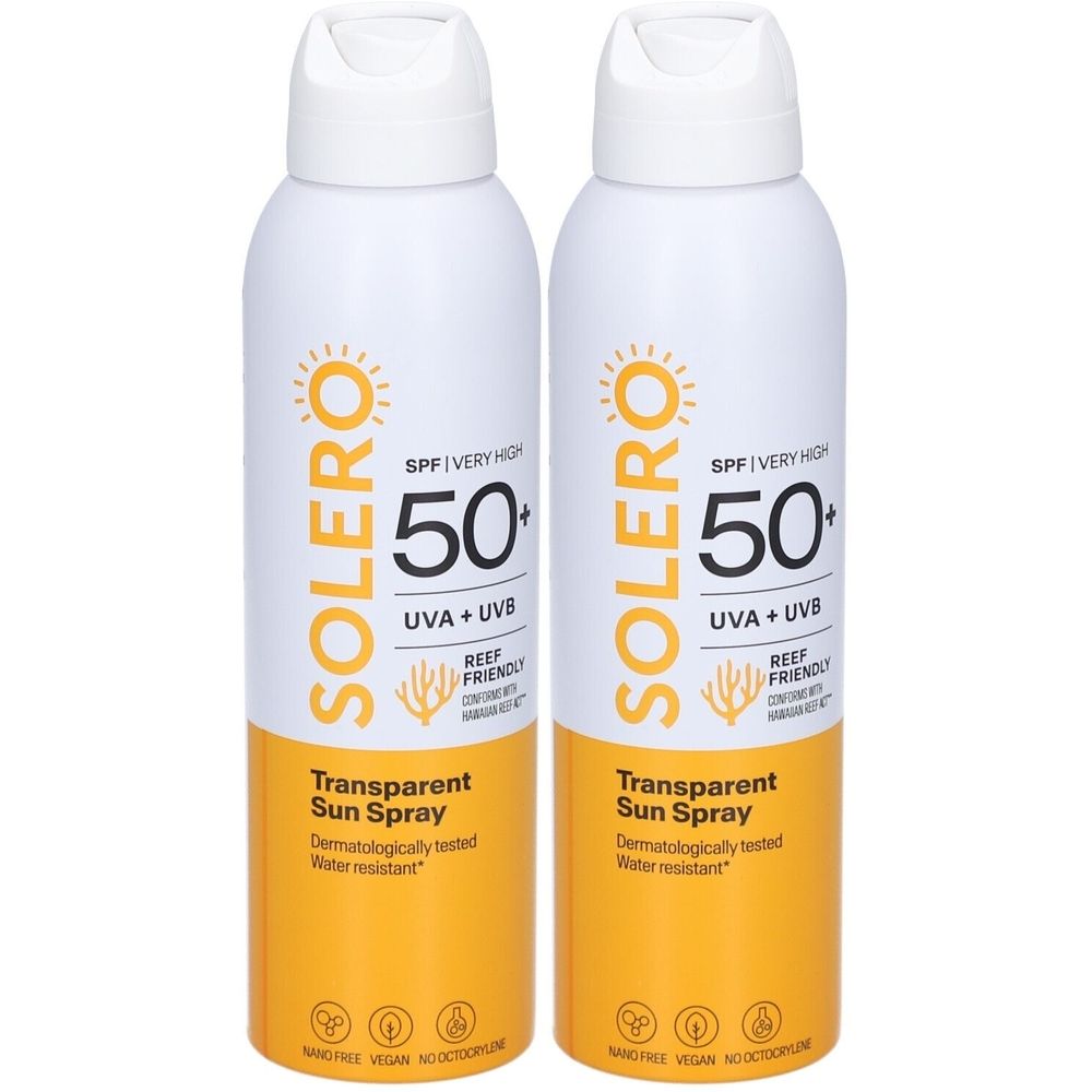 Deux flacons de spray blancs avec des accents jaunes. Inscription SOLERO, SPF 50+, UVA+UVB, Transparent Sun Spray. Reef Friendly.