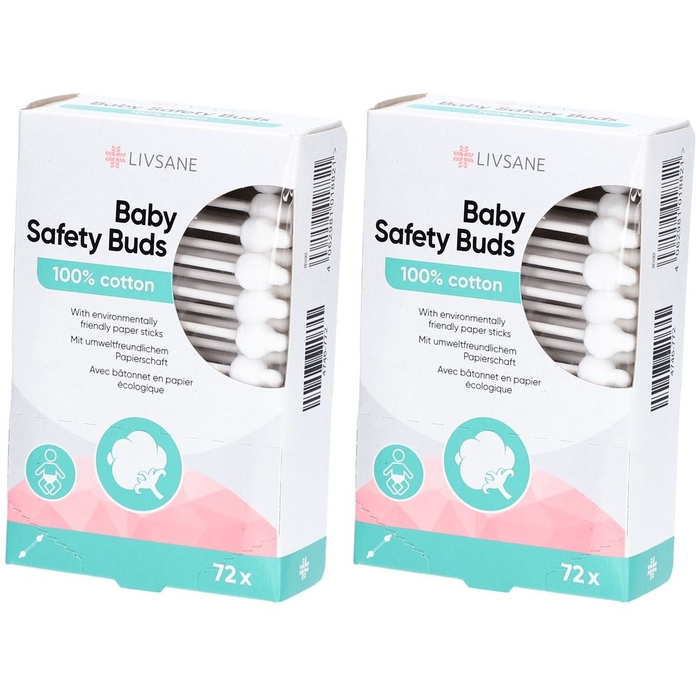 Zwei Packungen Baby-Wattestäbchen. Aufschrift: Baby Safety Buds, 100% Baumwolle, 72 Stück. Verpackung weiß, rosa und hellblau.