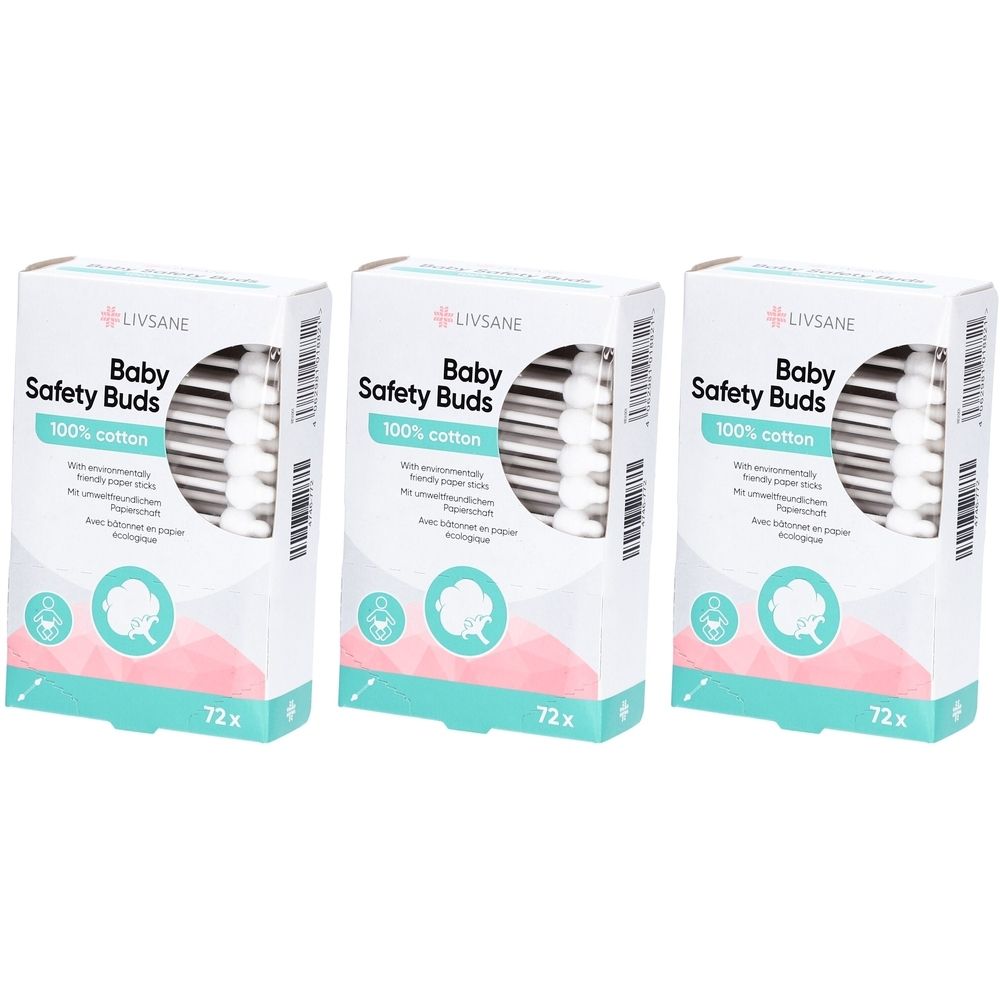 Drei Packungen LIVSANE Baby Safety Buds. Weiße Wattestäbchen in Kartonverpackung. Aufdruck: 100% Baumwolle, 72 Stück.