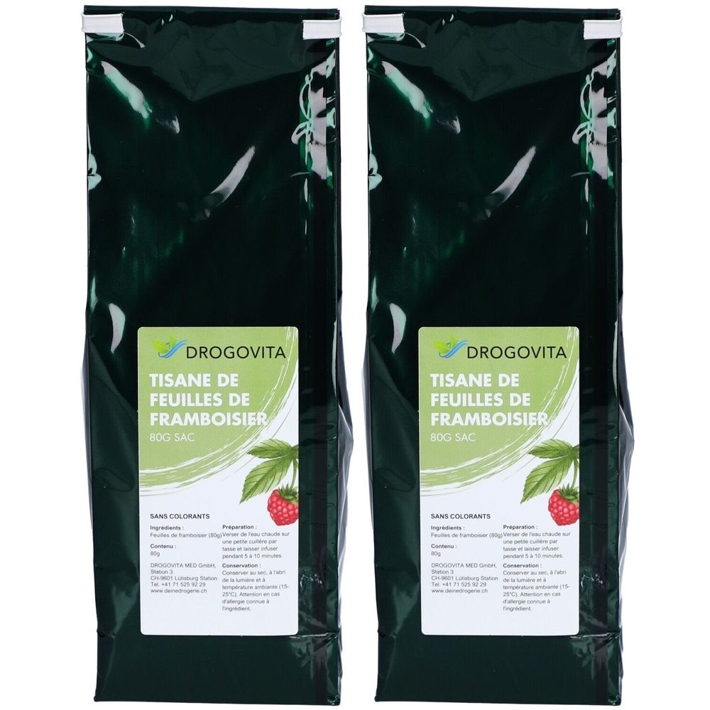 Zwei grüne Beutel mit Aufschrift DROGOVITA, „Tisane de Feuilles de Framboisier“. Abbildung von Himbeerblatt und -frucht.