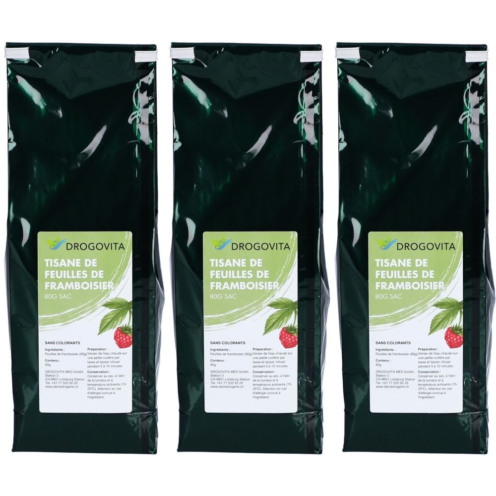 Drei Beutel Kräutertee. Auf jedem Beutel steht "DROGOVITA TISANE DE FEUILLES DE FRAMBOISIER". Aufkleber mit Himbeere und Blättern.
