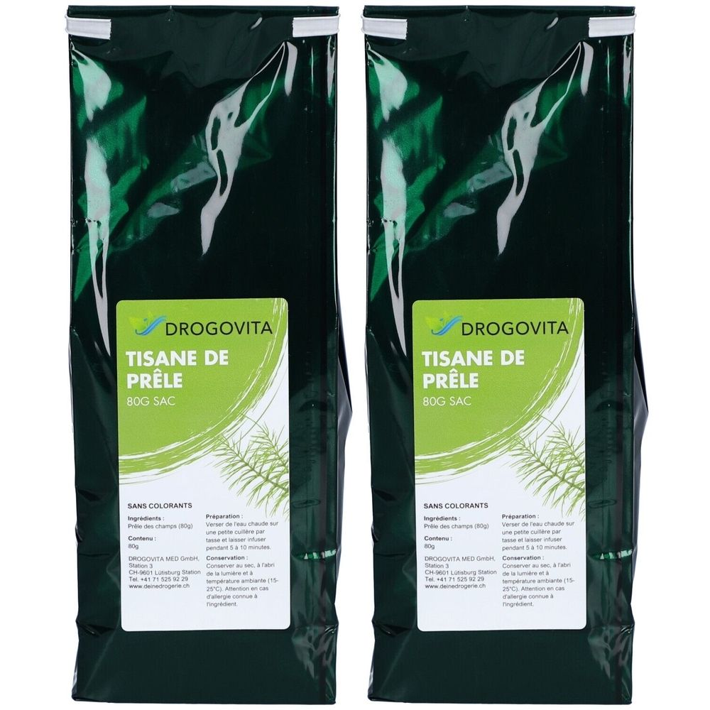 Zwei grüne Beutel mit Kräutertee. Auf den Etiketten steht "DROGOVITA TISANE DE PRÊLE".