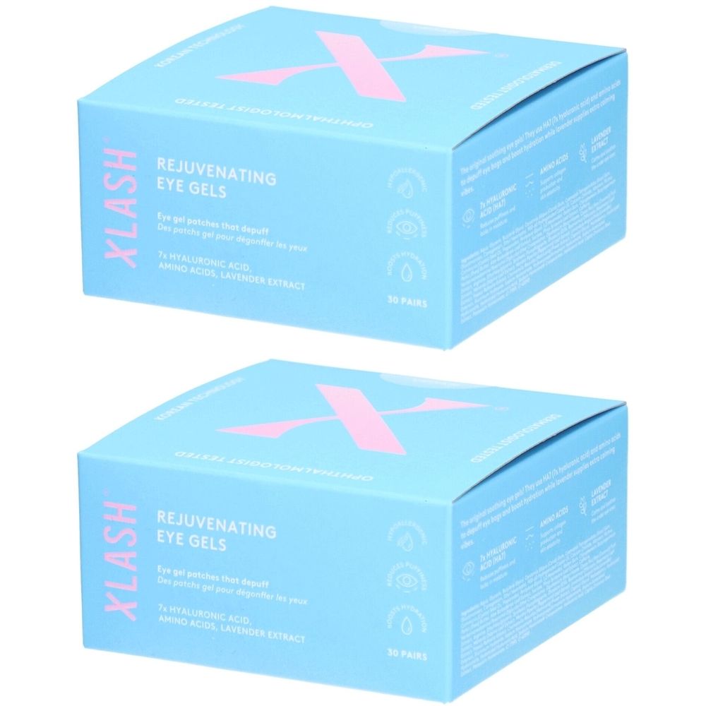 Zwei hellblaue Kartons mit rosa X-Logo. Aufschrift: Xlash Rejuvenating Eye Gels. Enthält 30 Paar. Text in Englisch.