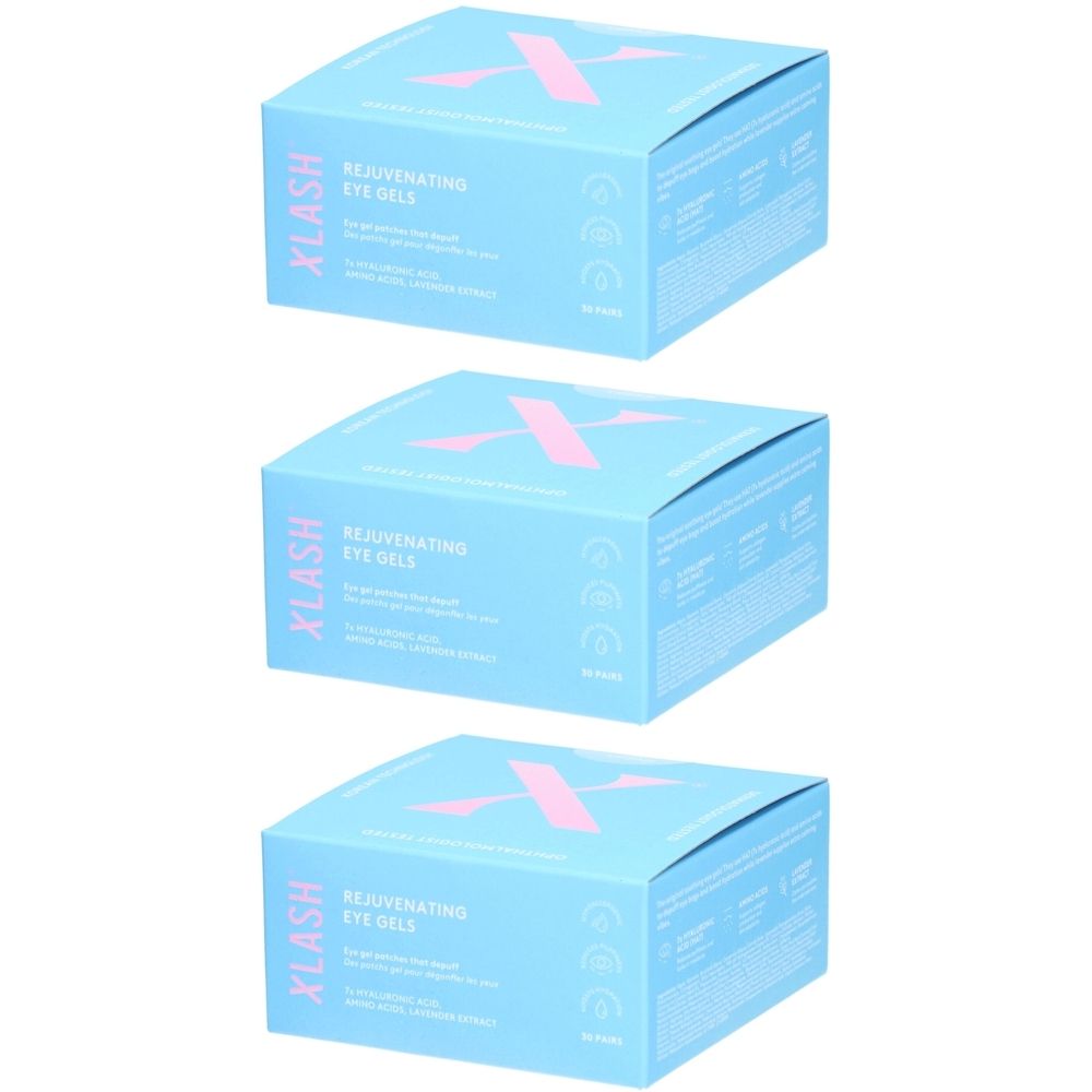 Drei hellblaue Produktboxen. Auf jeder Box steht in Pink "X" und "XLASH REJUVENATING EYE GELS".