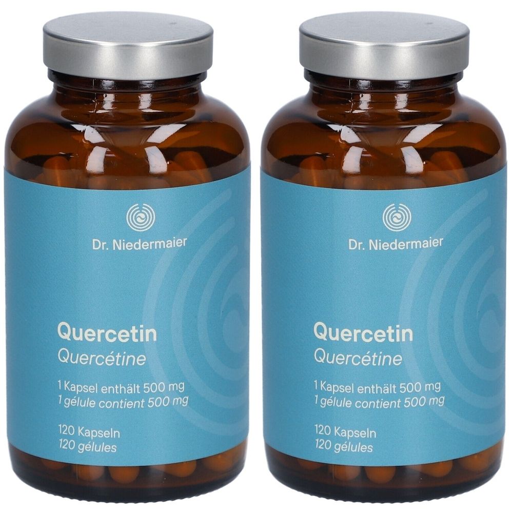 Deux flacons en verre brun avec bouchons argentés. Étiquettes bleues avec "Dr. Niedermaier Quercetin" et informations de dosage.