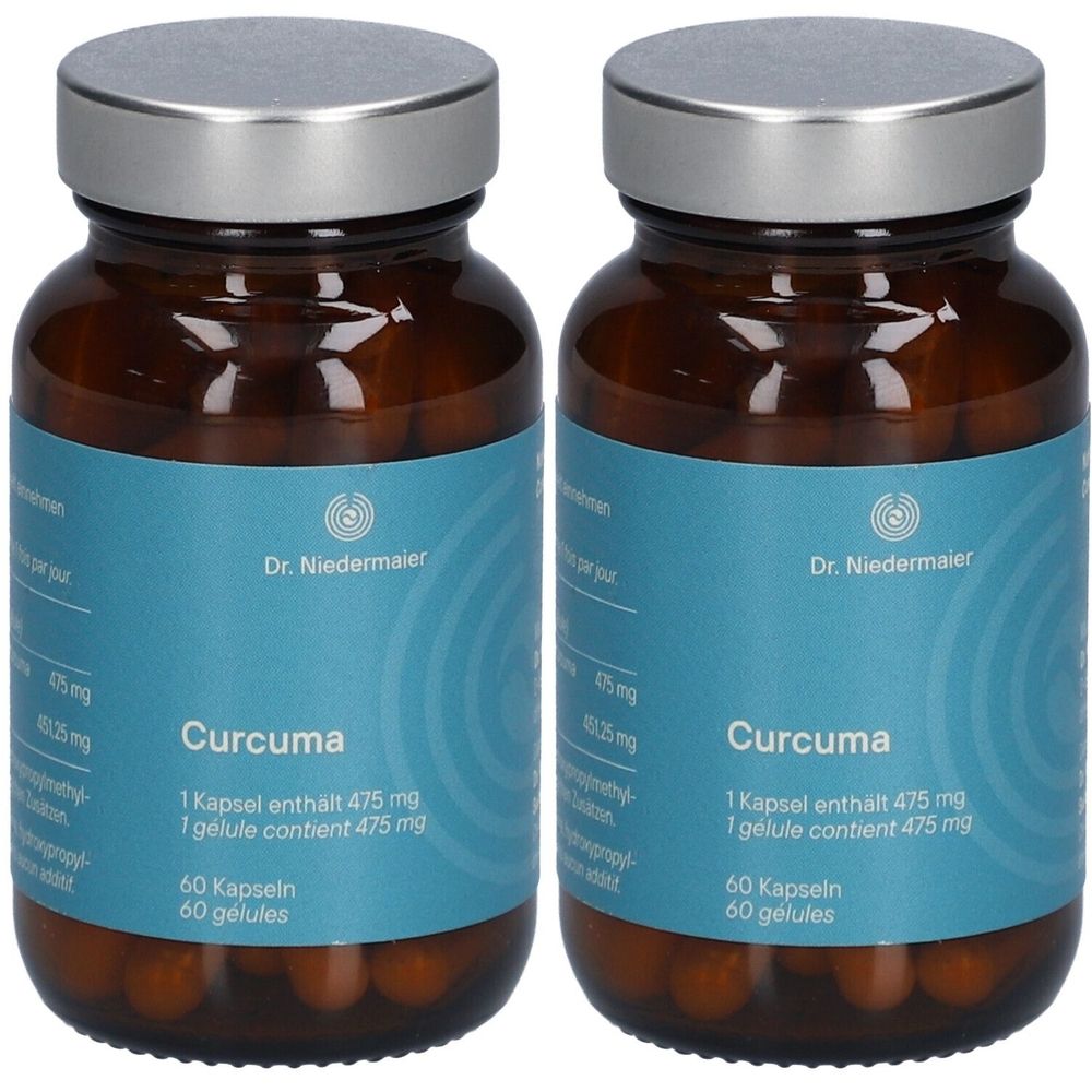 Zwei braune Glasflaschen mit silbernen Deckeln. Blaue Etiketten mit "Curcuma" und "Dr. Niedermaier". Jede Flasche enthält 60 Kapseln.