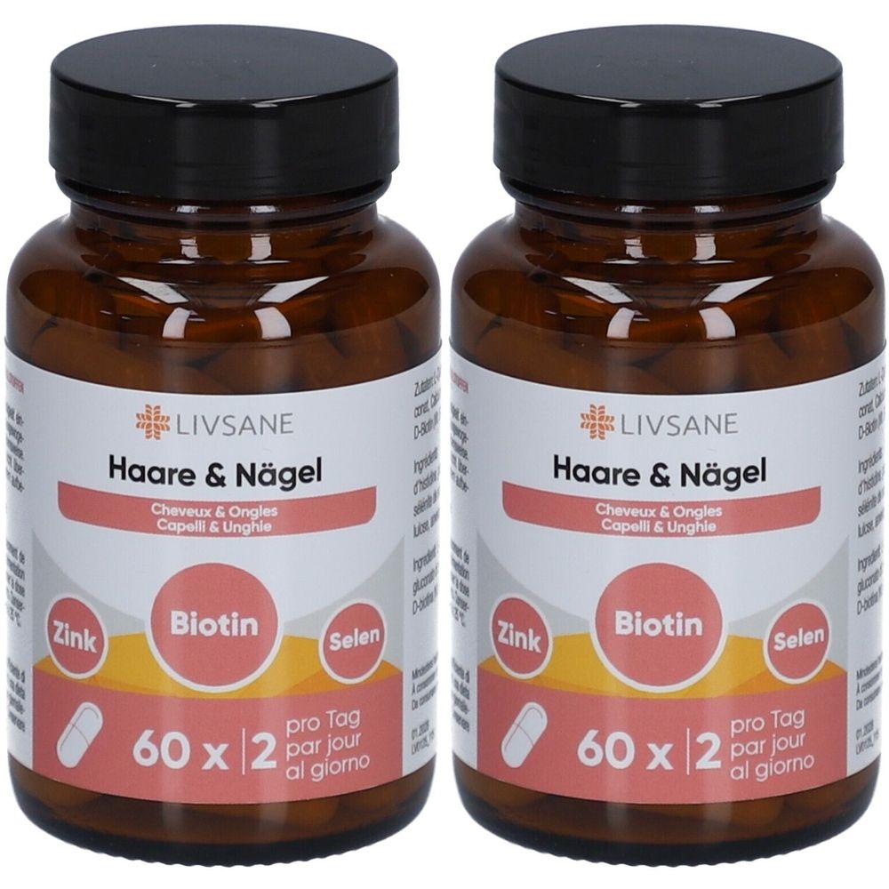 Deux flacons bruns avec des couvercles noirs. Les étiquettes indiquent "LIVSANE Haare & Nägel" avec des ingrédients comme le zinc, la biotine et le sélénium.