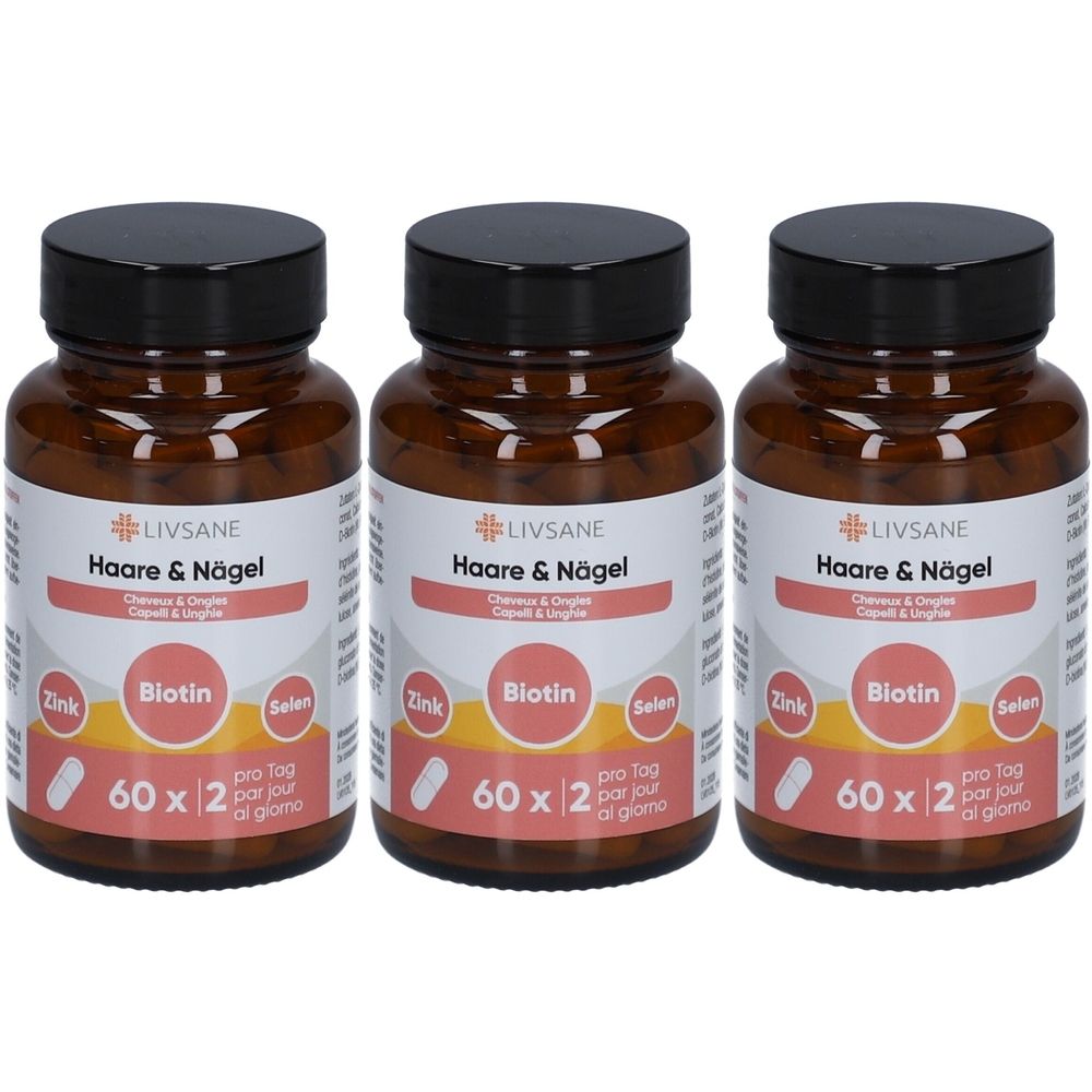 Trois flacons bruns avec des couvercles noirs. Les étiquettes indiquent "LIVSANE Haare & Nägel" avec du zinc, de la biotine et du sélénium. Chaque flacon contient 60 gélules.