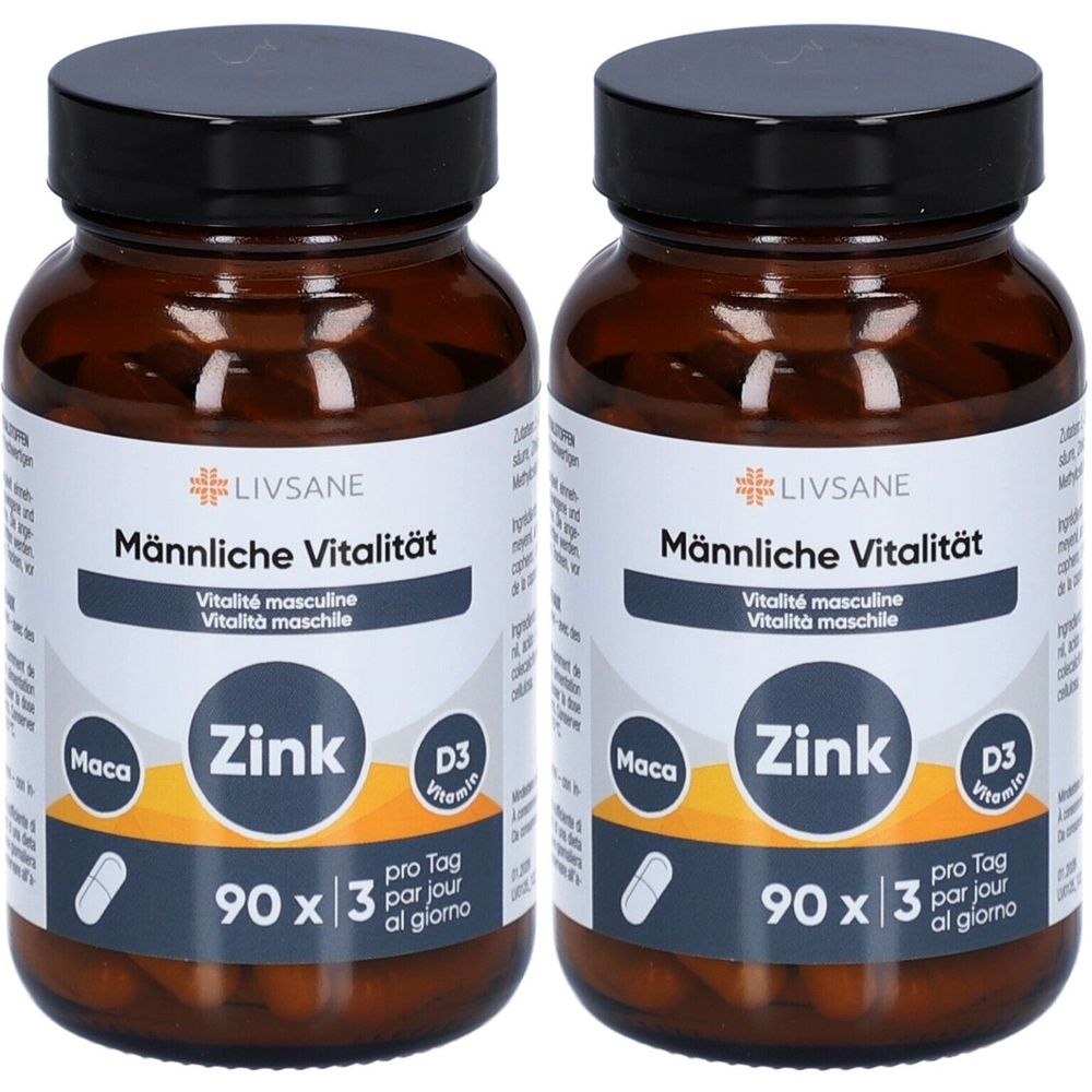 Zwei braune Glasflaschen mit schwarzen Deckeln. Auf den Etiketten steht "LIVSANE Männliche Vitalität", "Zink", "Maca" und "D3". Jede Flasche enthält 90 Kapseln.