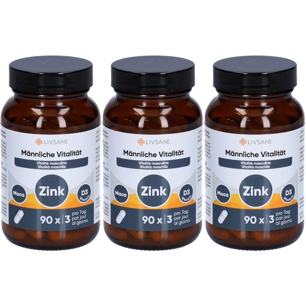 Drei braune Glasflaschen mit schwarzen Deckeln. Auf den Etiketten steht "LIVSANE Männliche Vitalität Zink D3".