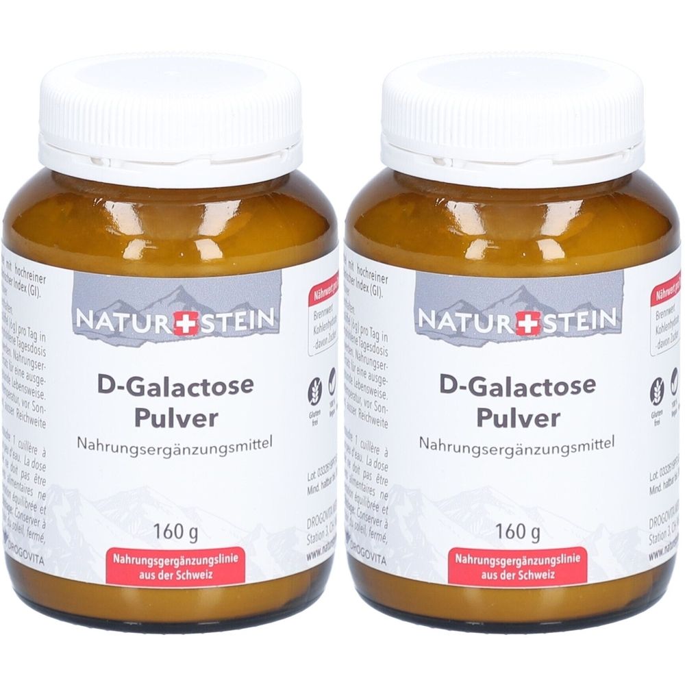 Zwei braune Gläser mit weißem Deckel. Auf den Etiketten steht "NATUR+STEIN D-Galactose Pulver Nahrungsergänzungsmittel". Jedes Glas enthält 160 g.