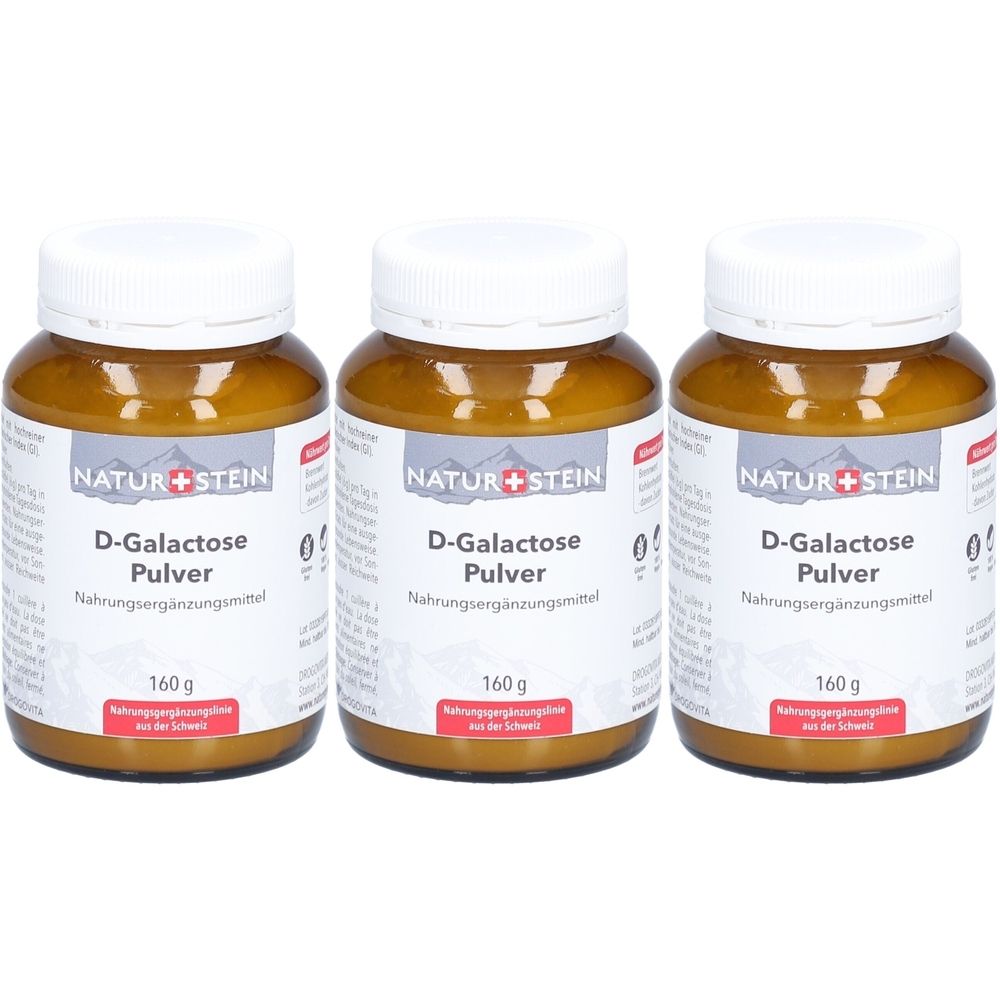 Drei braune Gläser mit weißen Deckeln. Auf den Etiketten steht: NATUR+STEIN, D-Galactose Pulver, Nahrungsergänzungsmittel, 160 g.