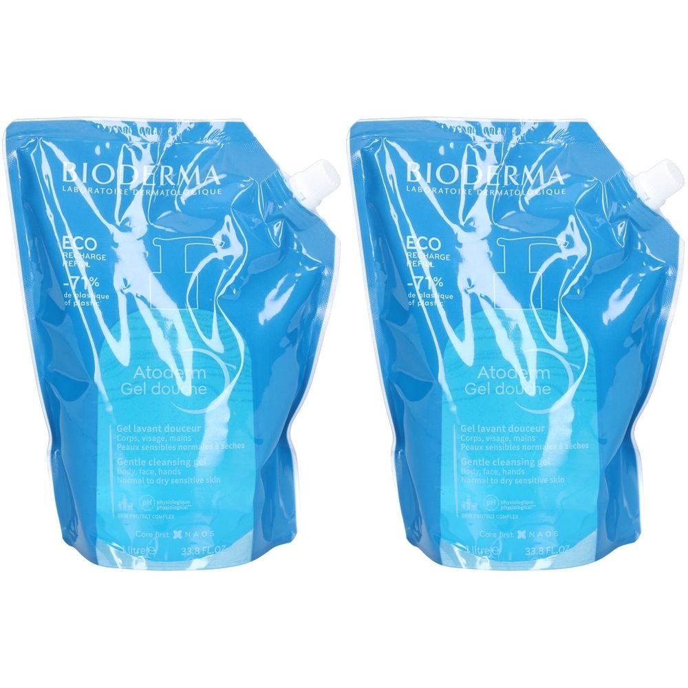 Deux recharges bleues. Inscription: BIODERMA, Atoderm Gel douche. Avec bouchon blanc.