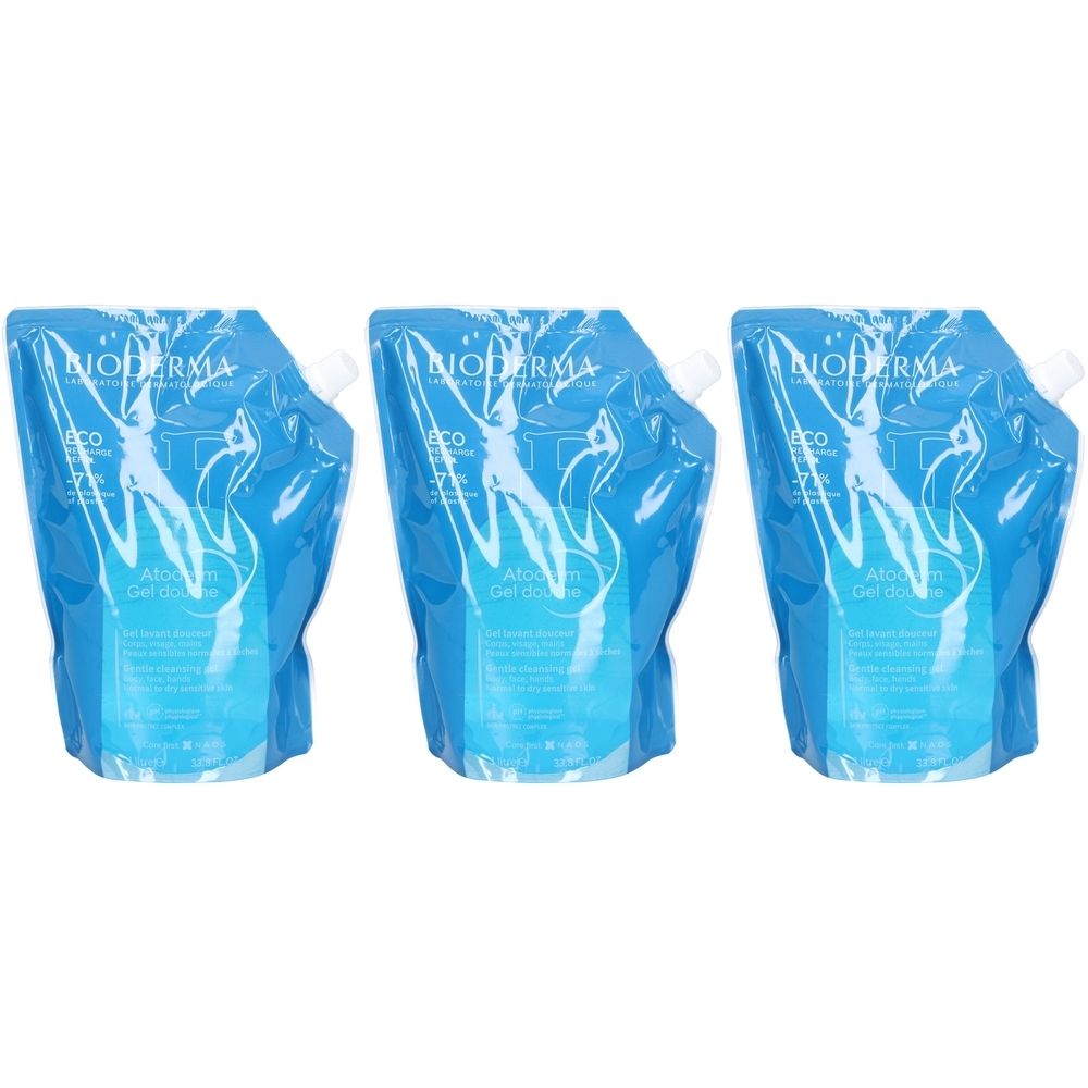 Trois recharges bleues avec bouchon blanc. Inscription Bioderma et Atoderm Gel-Dusche.