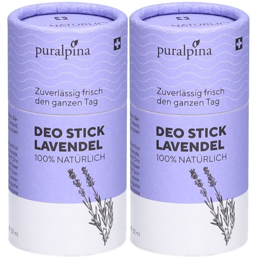 Deux sticks déodorants cylindriques violets. Inscription : puralpina, Deo Stick Lavendel, 100% naturel. Croix suisse.