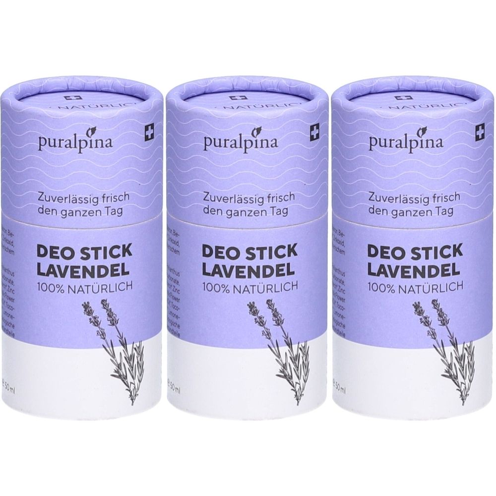 Trois déodorants en bâton cylindriques. Étiquettes violettes avec texte: puralpina, DEO STICK LAVENDEL, 100% NATÜRLICH. Croix suisse.
