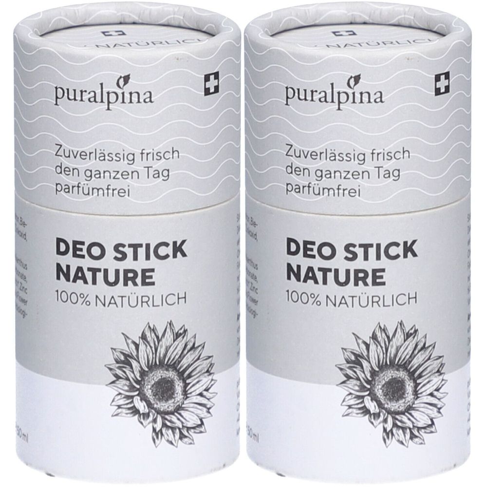 Deux sticks déodorants cylindriques. Inscription : puralpina, Deo Stick Nature, 100% naturel. Croix suisse. Illustration de tournesol.