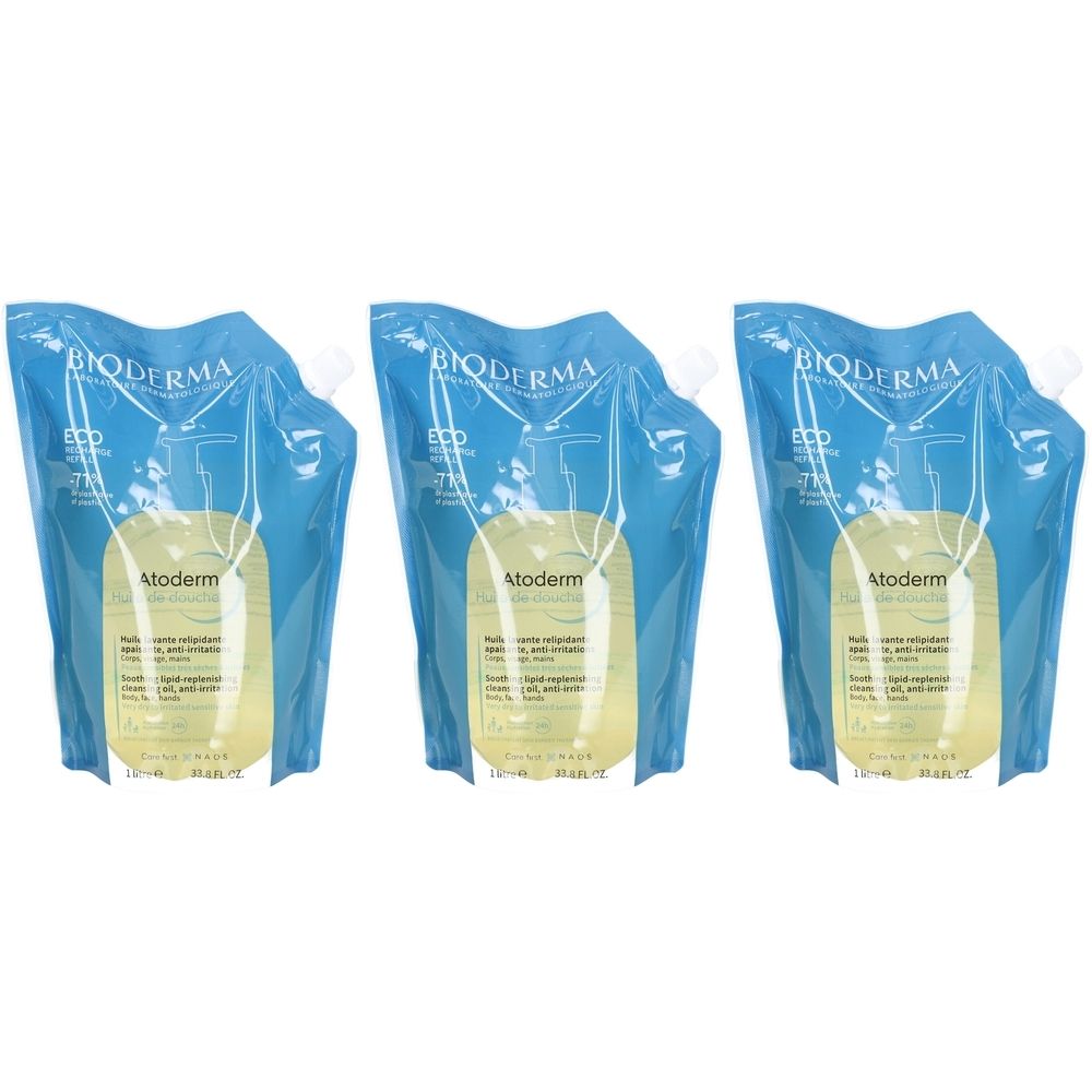Drei Nachfüllbeutel Bioderm Atoderm Huile de Douche. Blaue Verpackung mit Produktnamen und Inhaltsangaben.