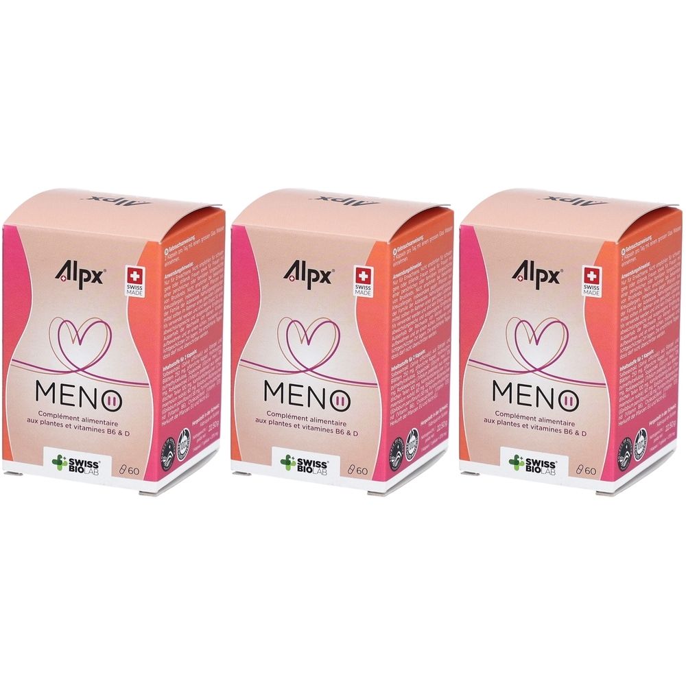 Trois boîtes ALPX MENO. Impression : cœur, texte MENO, Swiss Bio Pro. Emballage rose-orange.
