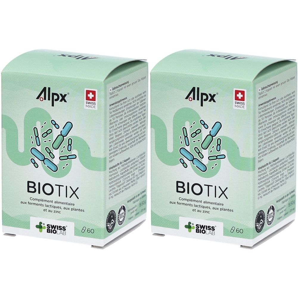 Deux boîtes vertes "Alpx BIOTIX". Illustrations de bactéries et croix suisse. Logo "Swiss Bio Lab". Complément alimentaire.