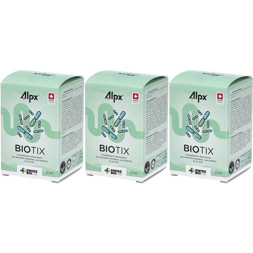 Trois boîtes vertes avec le logo "Alpx BioTix" et le nom du produit "BIOTIX". Drapeau suisse et logo "Swiss Bio Care".