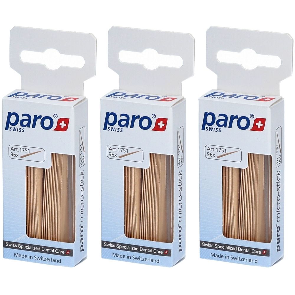 Trois boîtes de paro micro-sticks. Chaque boîte affiche le logo de la marque, le nom du produit et le nombre de 96 pièces. Fabriqué en Suisse.