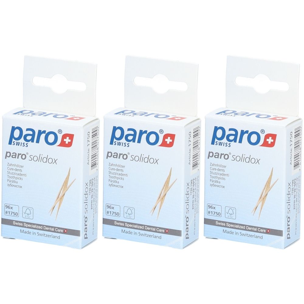 Trois boîtes paro solidox. Emballage blanc avec nom du produit, logo et illustration de cure-dents. Fabriqué en Suisse.