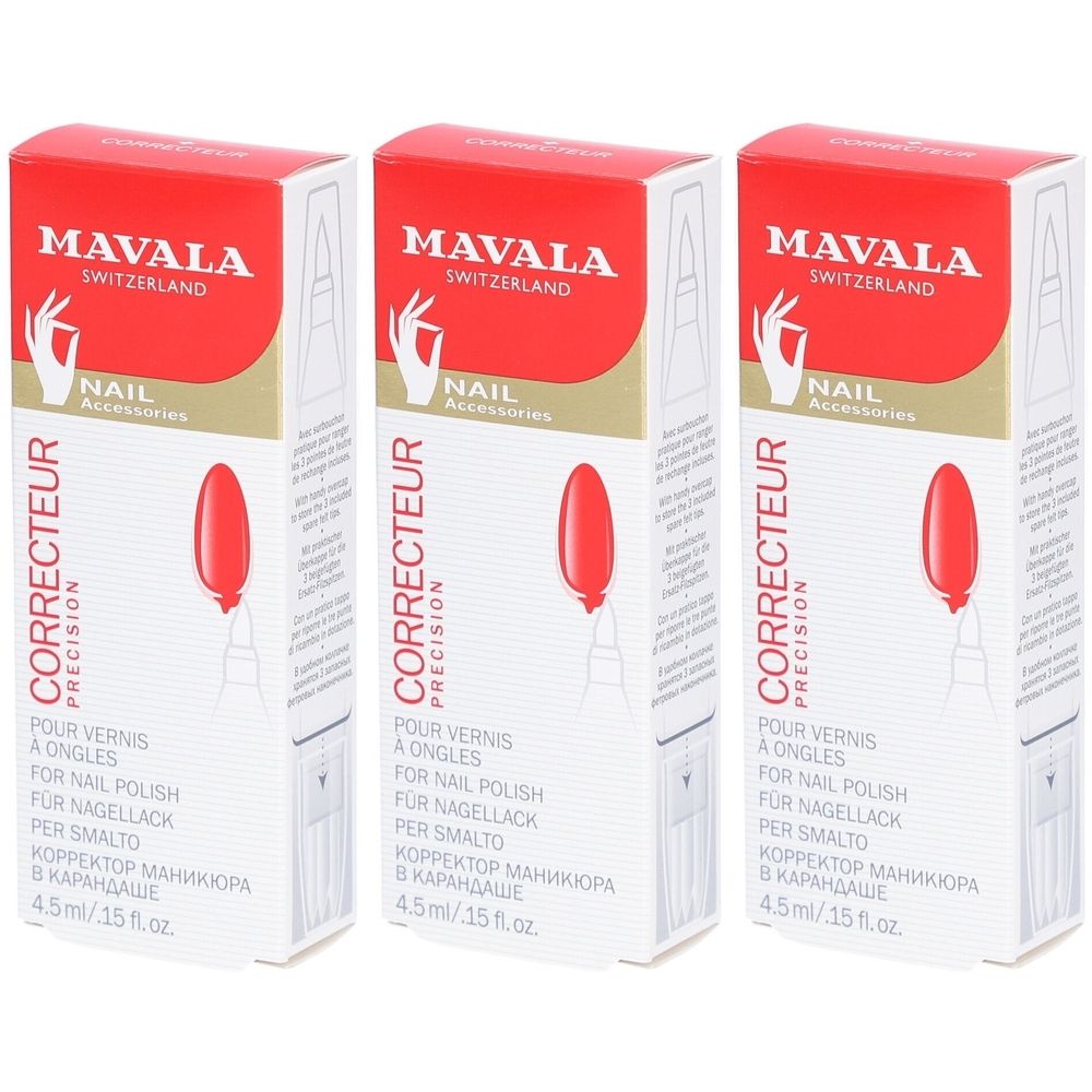Trois boîtes de correcteur de vernis à ongles. Couvercles rouges avec logo et nom du produit. Texte: Pour vernis à ongles, for nail polish.