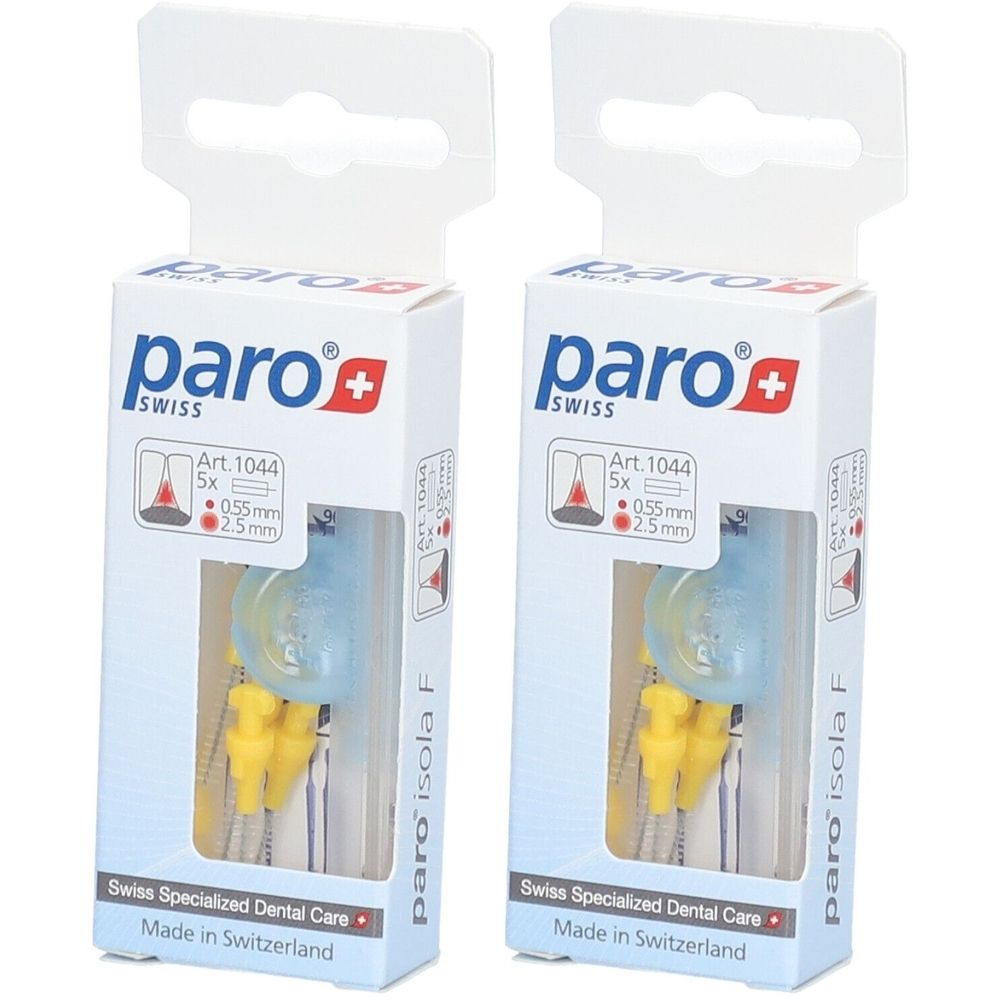 Zwei Packungen paro® Isola F Interdentalbürsten. Jede Packung enthält 5 Bürsten, 0,55 mm, gelb. Verpackung mit Sichtfenster.