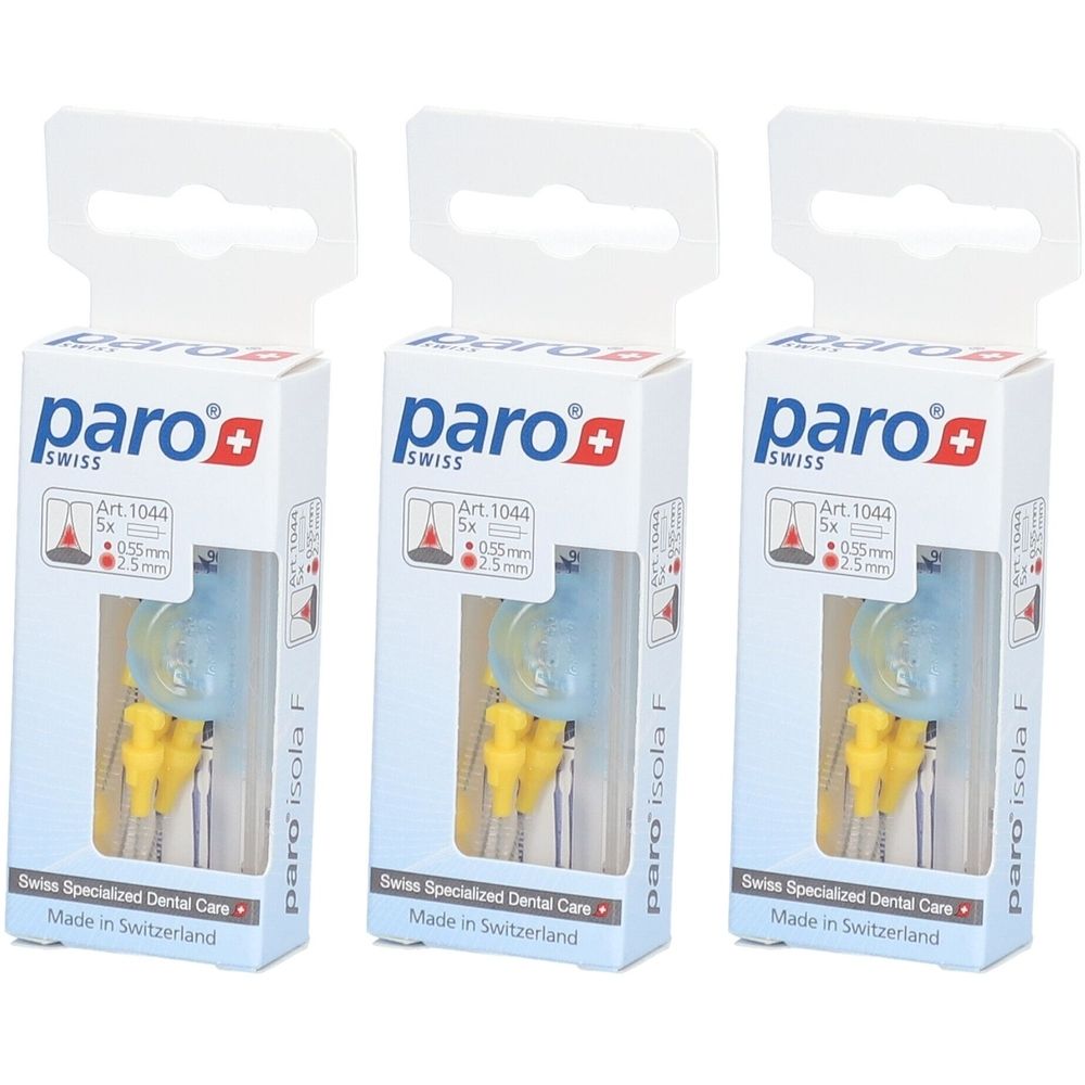 Drei Packungen paro® Isola F Interdentalbürsten. Jede Packung enthält 5 Bürsten, gelb. Verpackung mit Markenlogo und Produktinformationen.