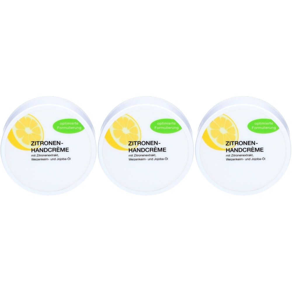 Trois pots ronds de crème pour les mains au citron. Inscription : Crème pour les mains au citron, citron, feuille verte. Couvercle blanc.