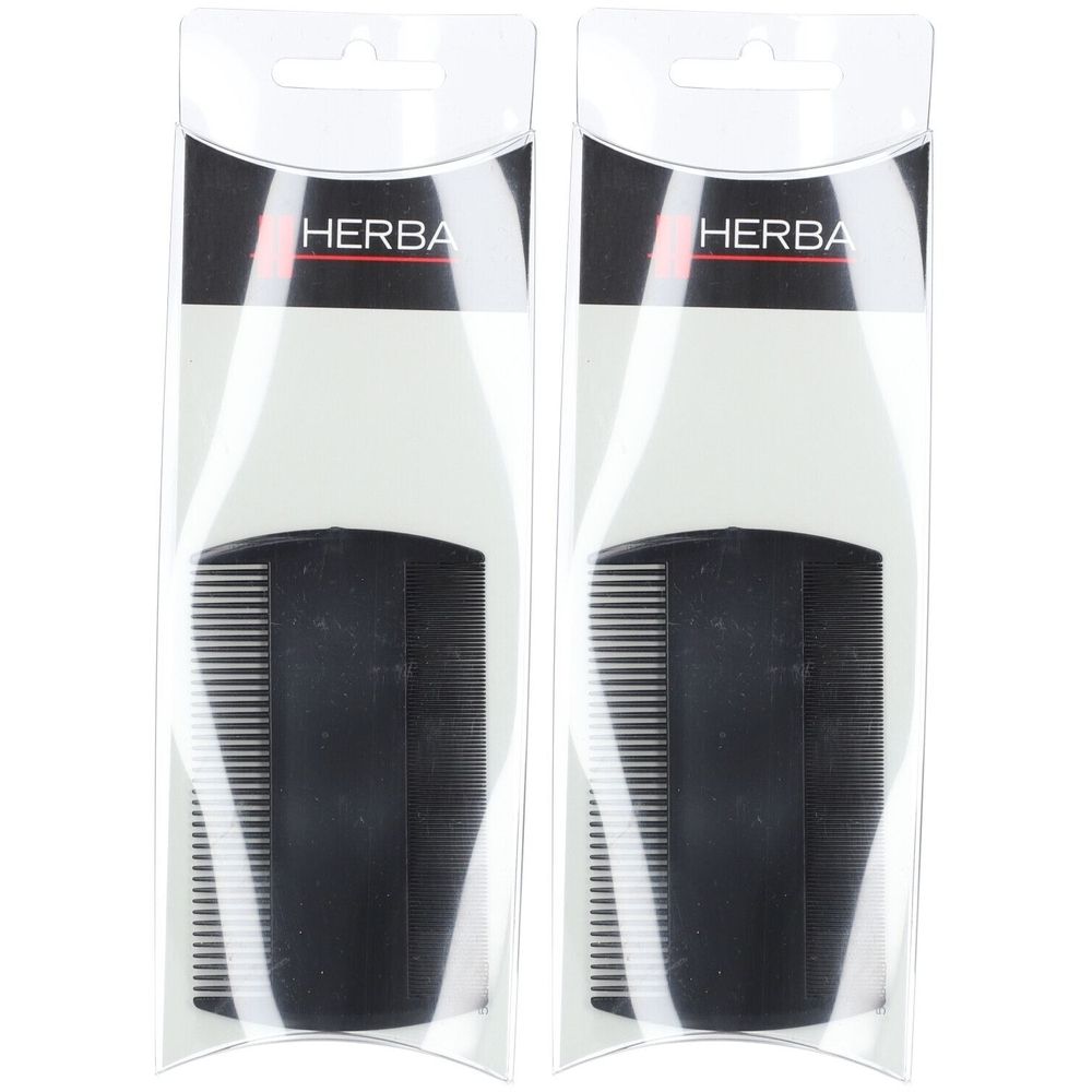 Zwei schwarze Kämme in transparenter Verpackung. Auf der Verpackung steht "HERBA".