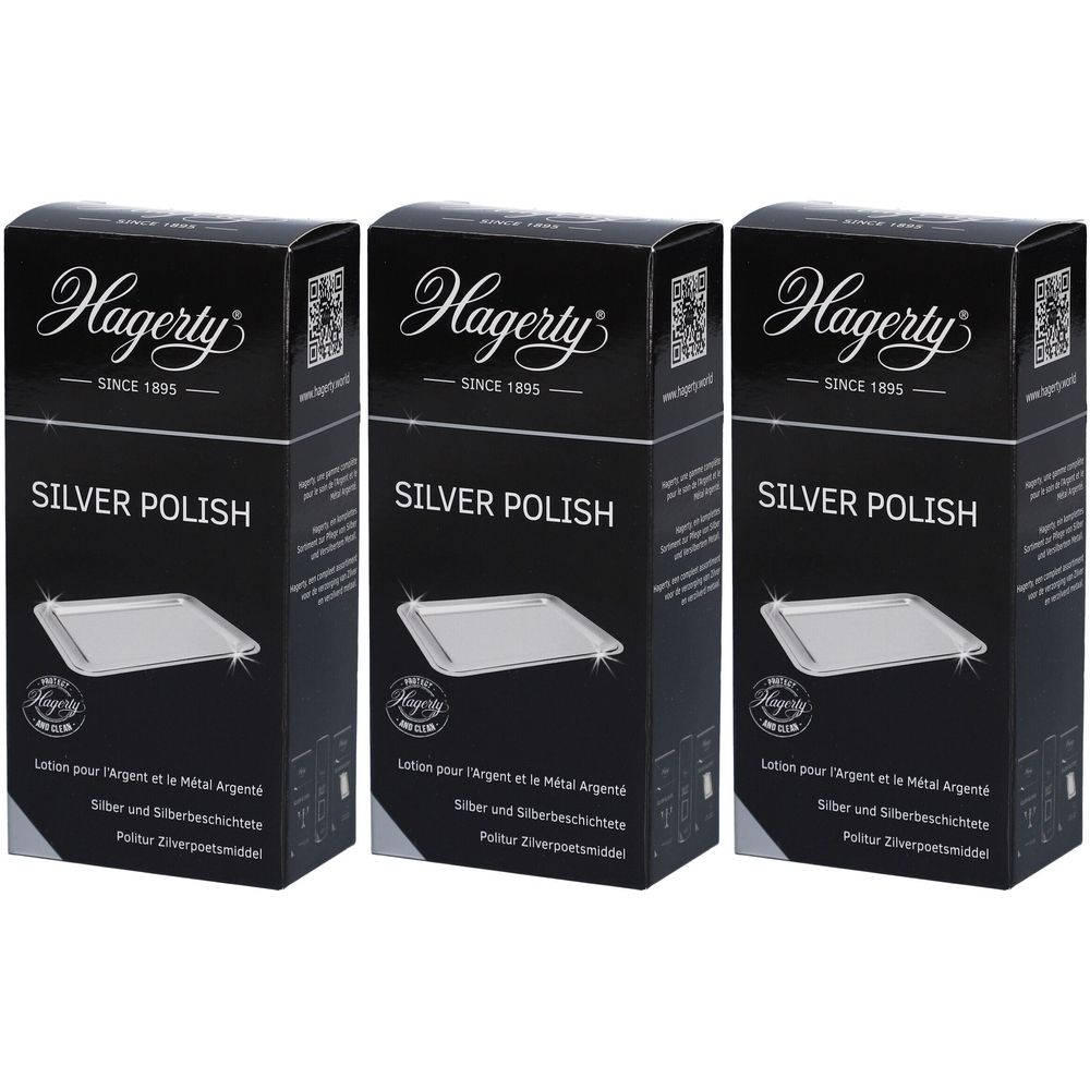 Drei schwarze Schachteln mit der Aufschrift Hagerty Silver Polish. Auf jeder Schachtel ist ein Tablett abgebildet.
